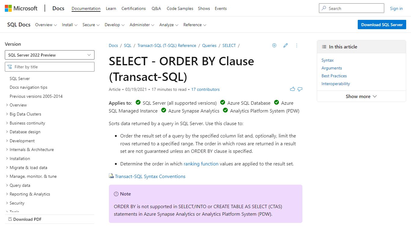 ORDER BY Clause (Transact-SQL) - SQL Server | Microsoft Docs